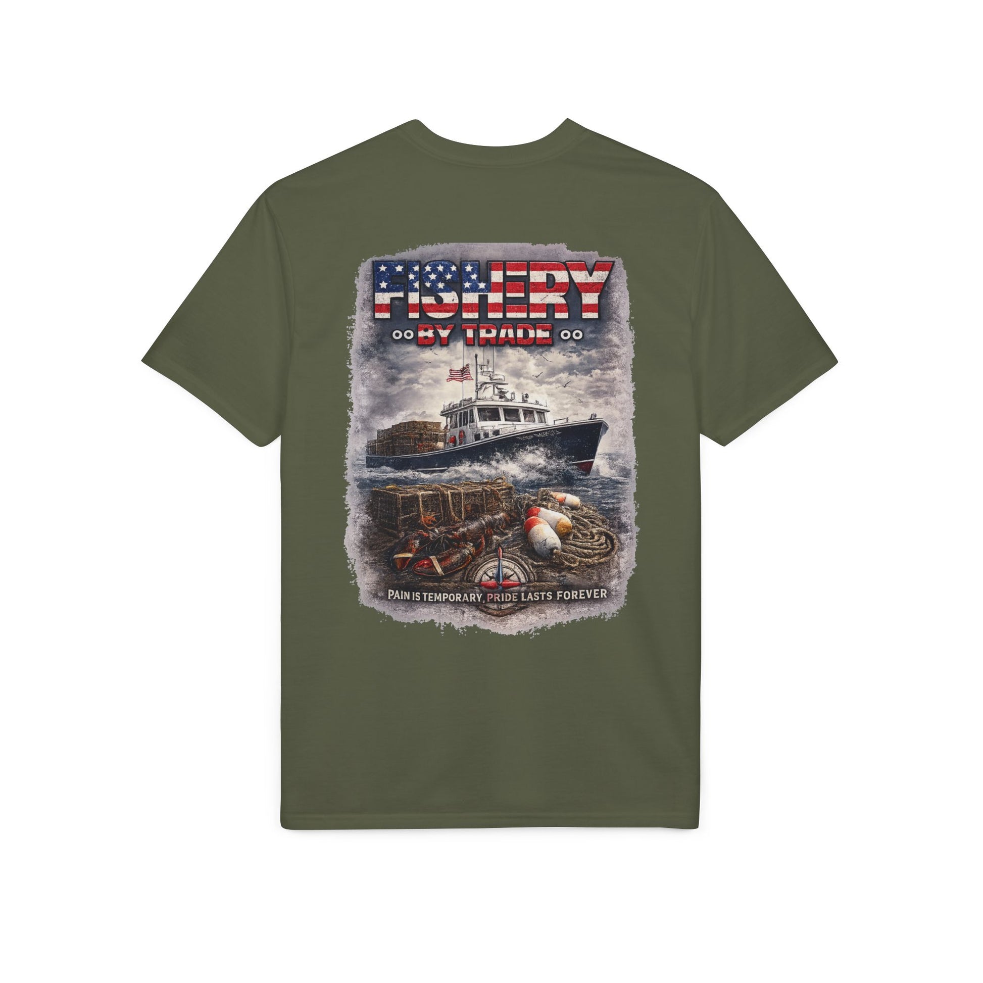 Fishing Boat T-Shirt — American Flag Fishery Graphic Tee for Anglers & Patriotic Outdoorsmen
