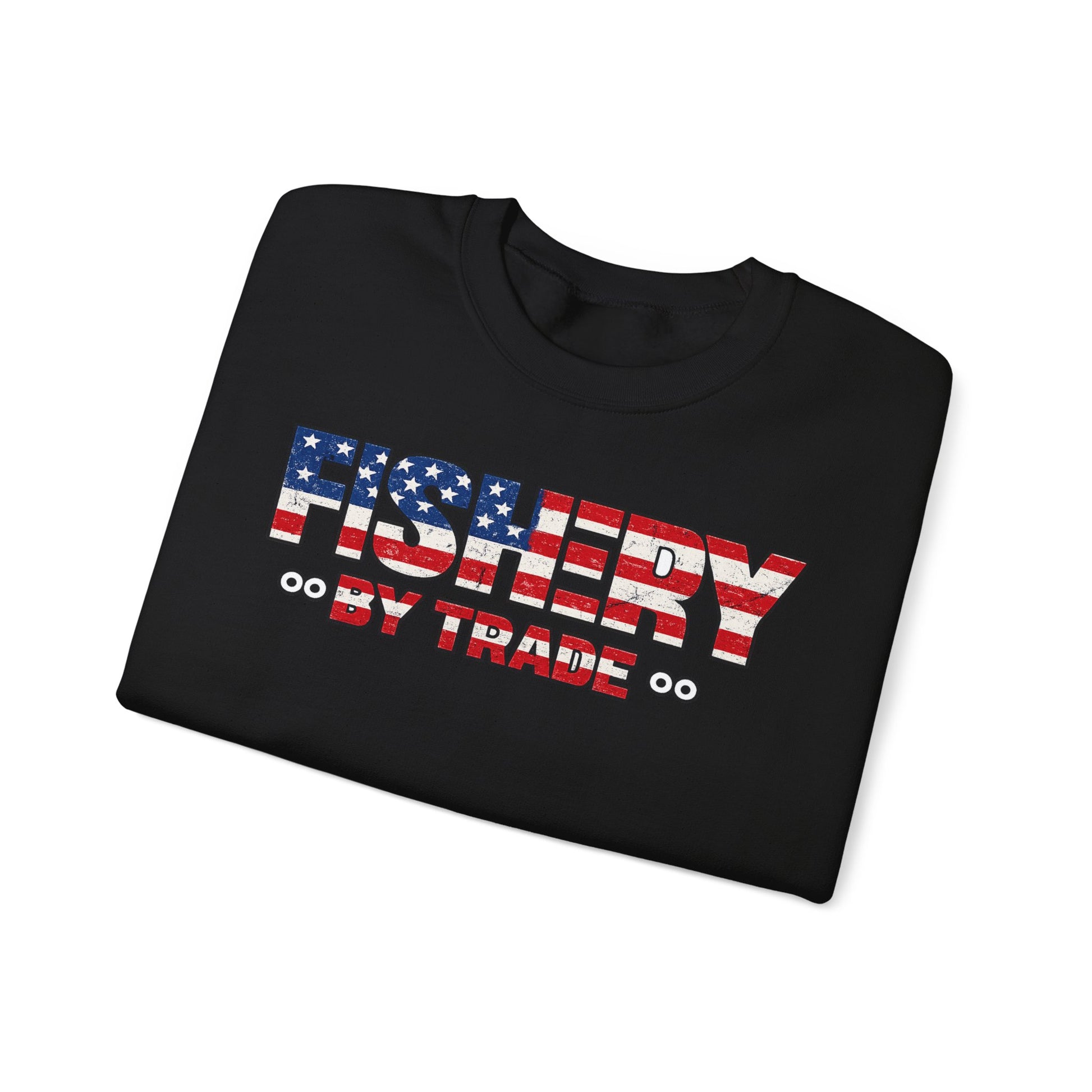 Fishing Crewneck Sweatshirt — "Fishery By Trade" American Flag Boat Graphic