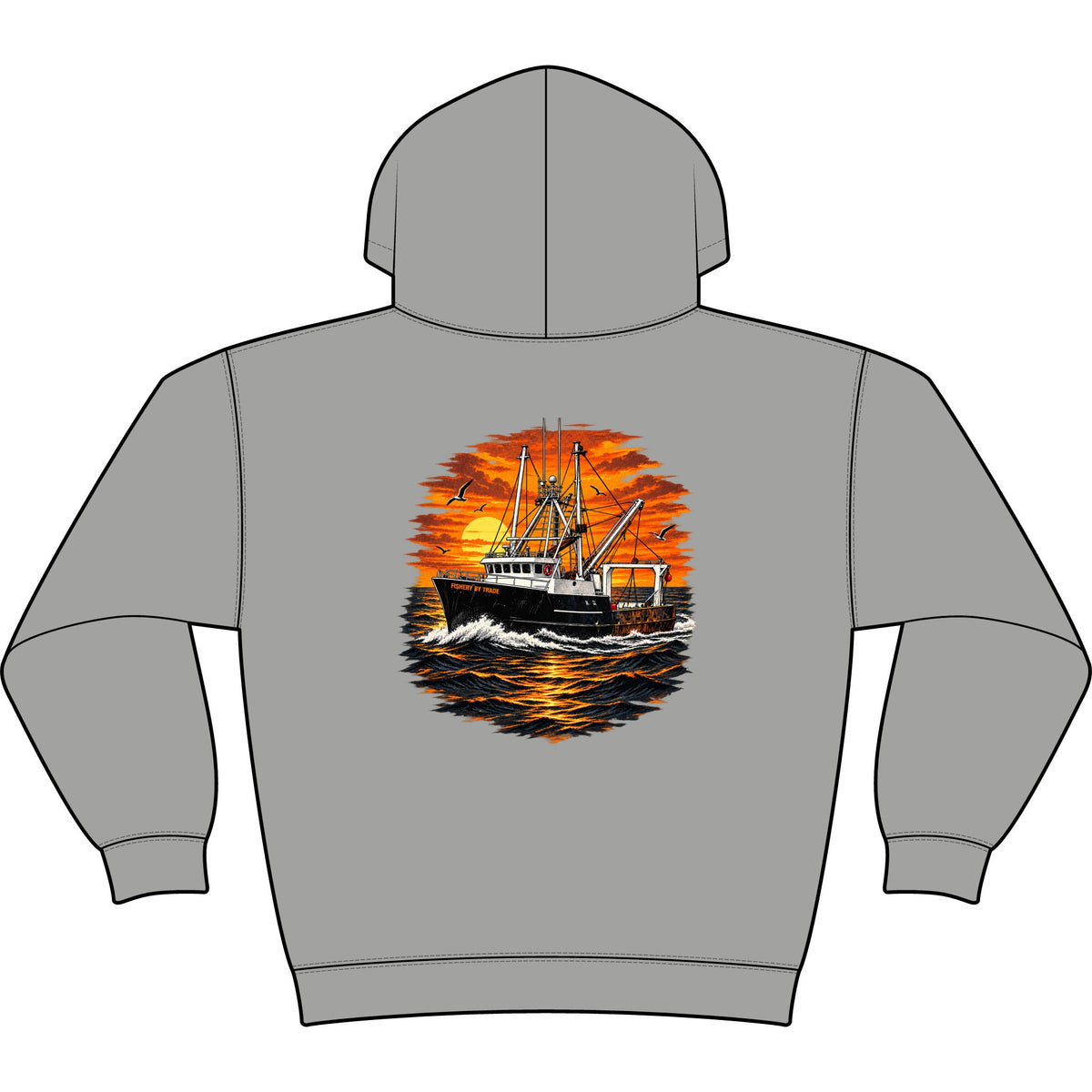 A gray pullover hoodie shown from the back, featuring a large graphic print of a fishing boat sailing on waves against a fiery orange and yellow sunset sky.