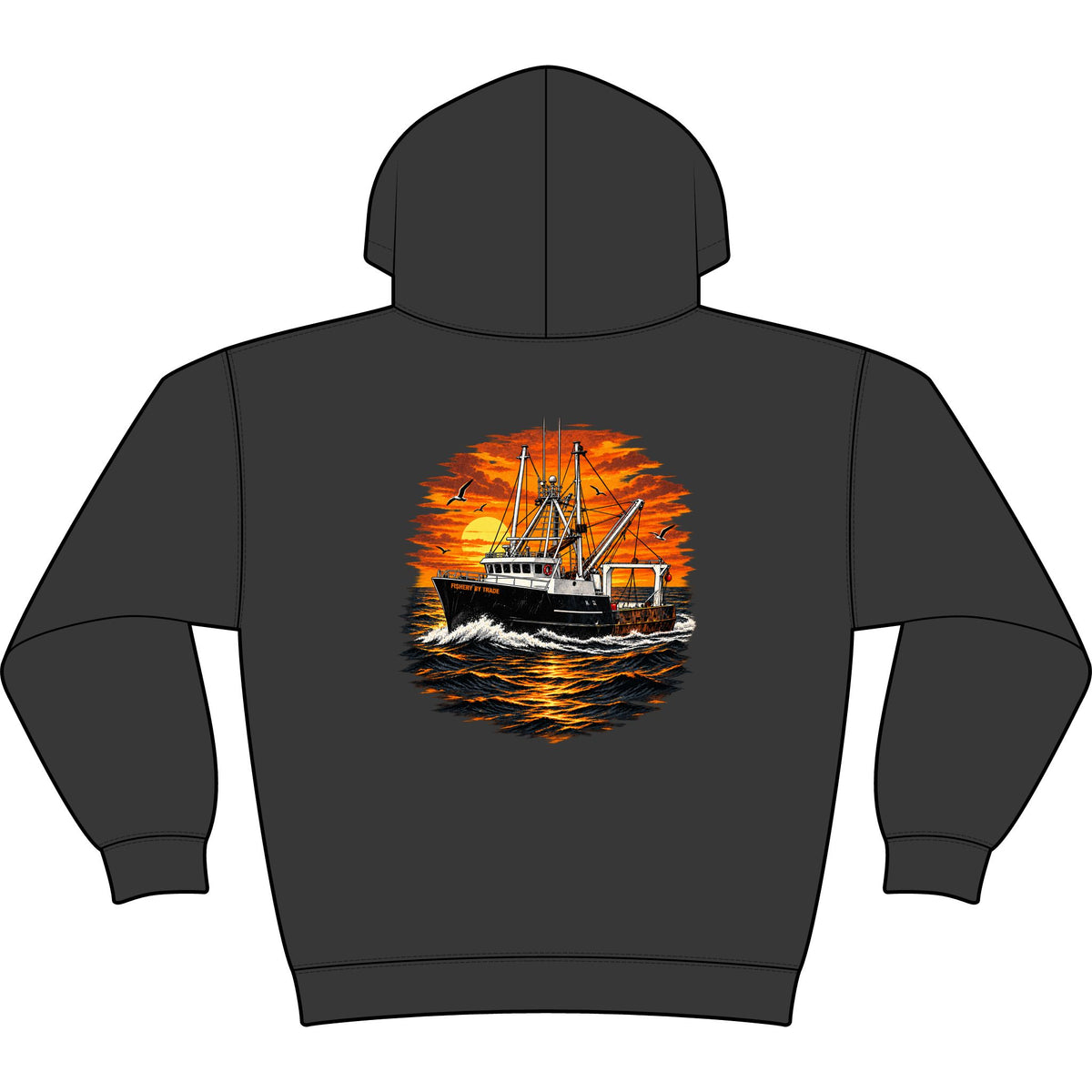 A dark charcoal gray hoodie shown from the back, featuring a large graphic print of a fishing boat sailing on orange and yellow water under a fiery sunset sky.
