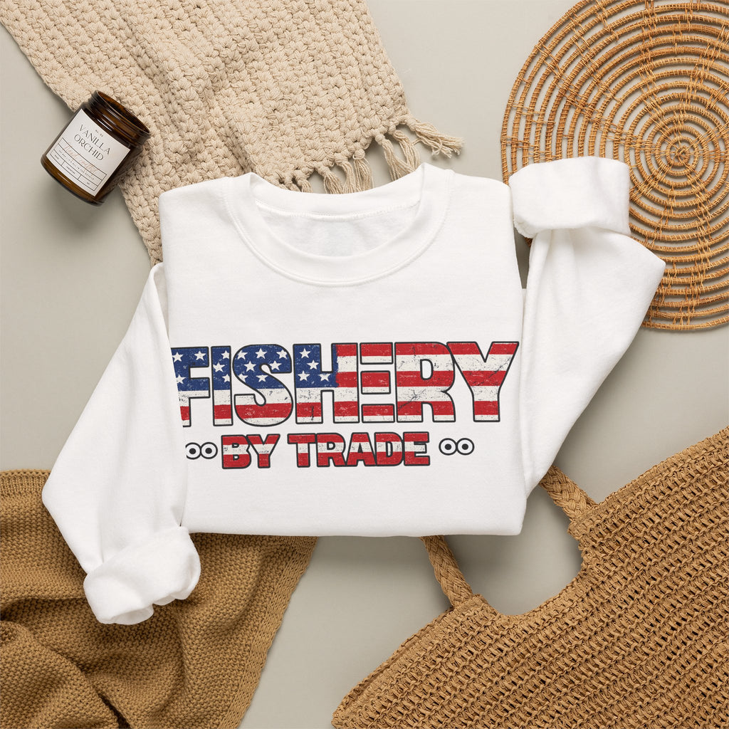 Fishing Crewneck Sweatshirt — "Fishery By Trade" American Flag Boat Graphic