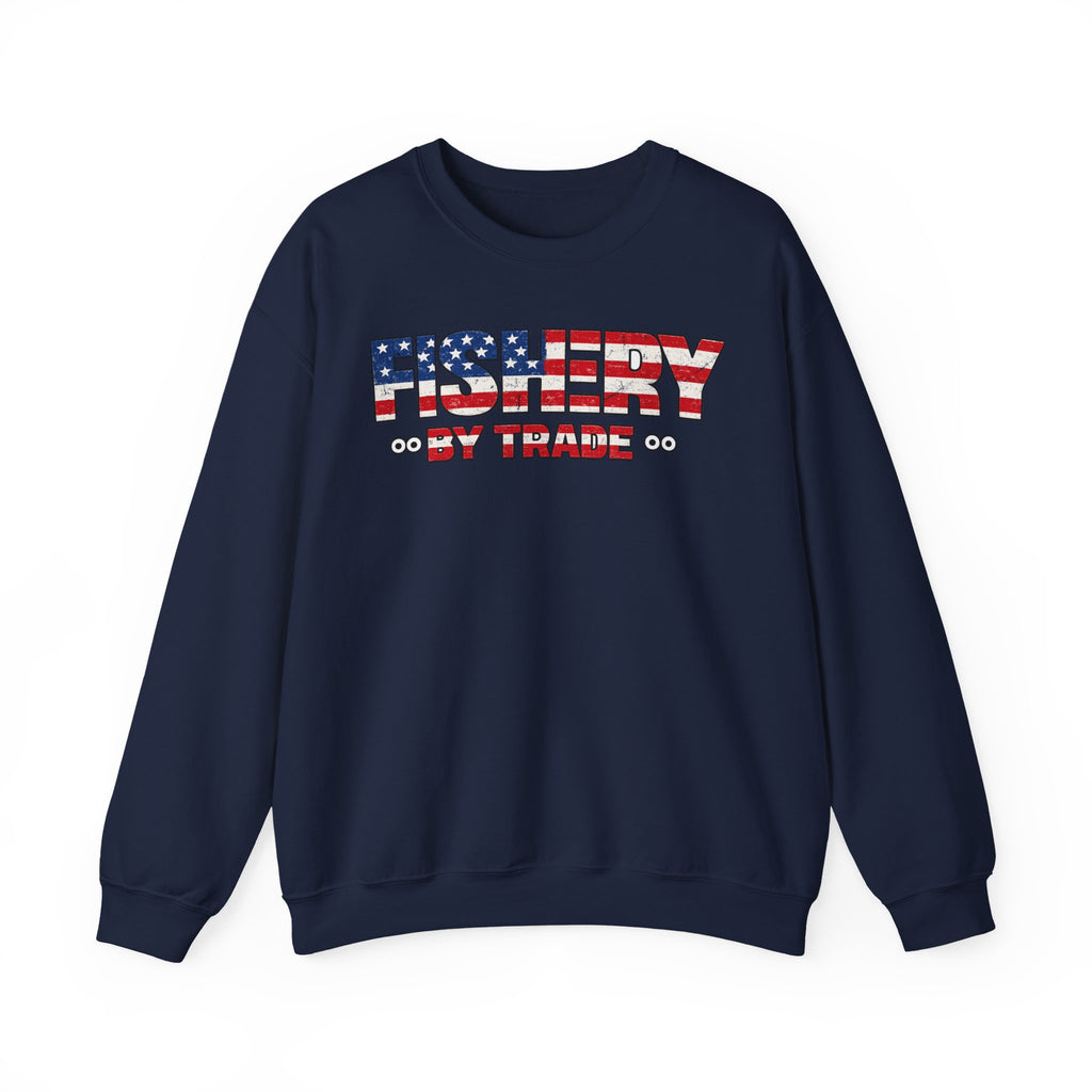 Fishing Crewneck Sweatshirt — "Fishery By Trade" American Flag Boat Graphic