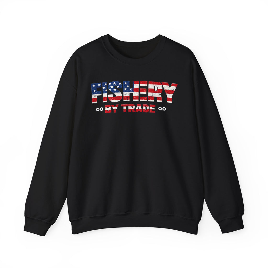 Fishing Crewneck Sweatshirt — "Fishery By Trade" American Flag Boat Graphic