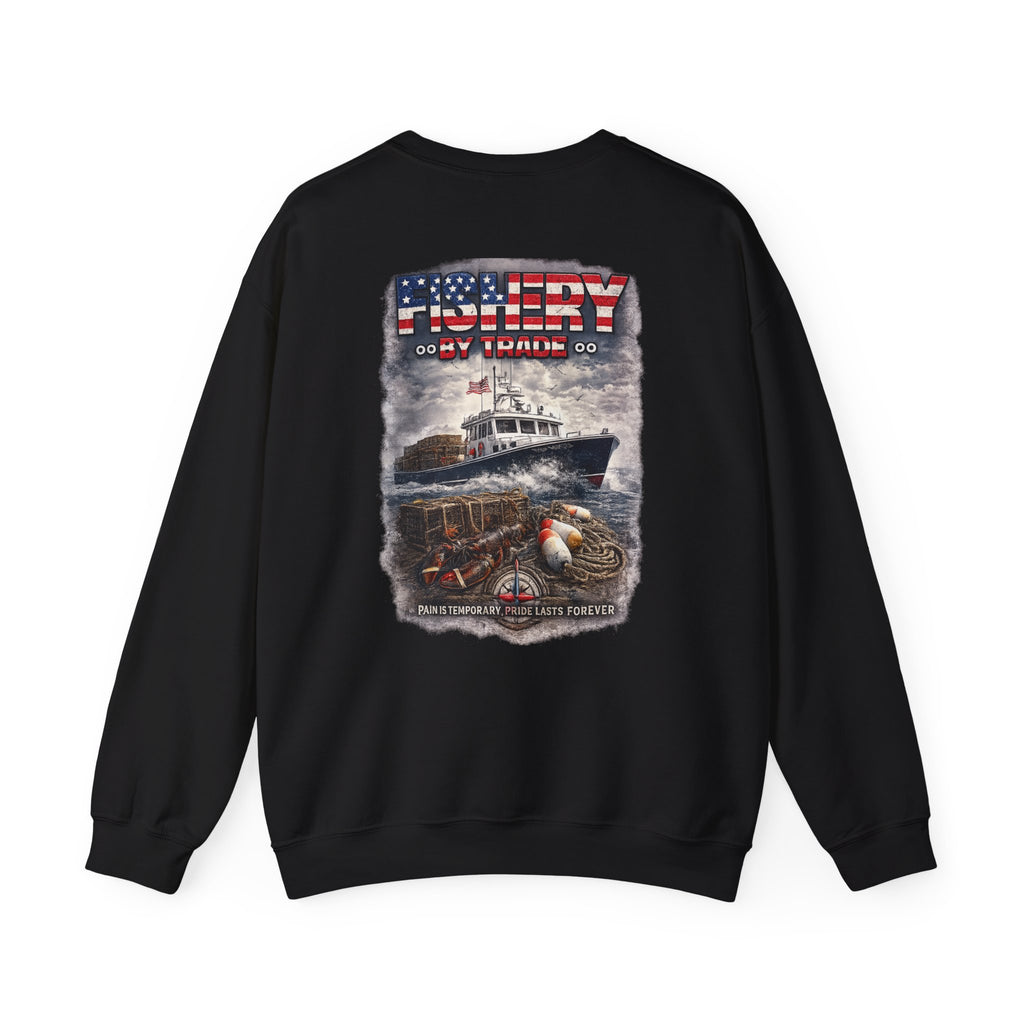 Fishing Crewneck Sweatshirt — "Fishery By Trade" American Flag Boat Graphic