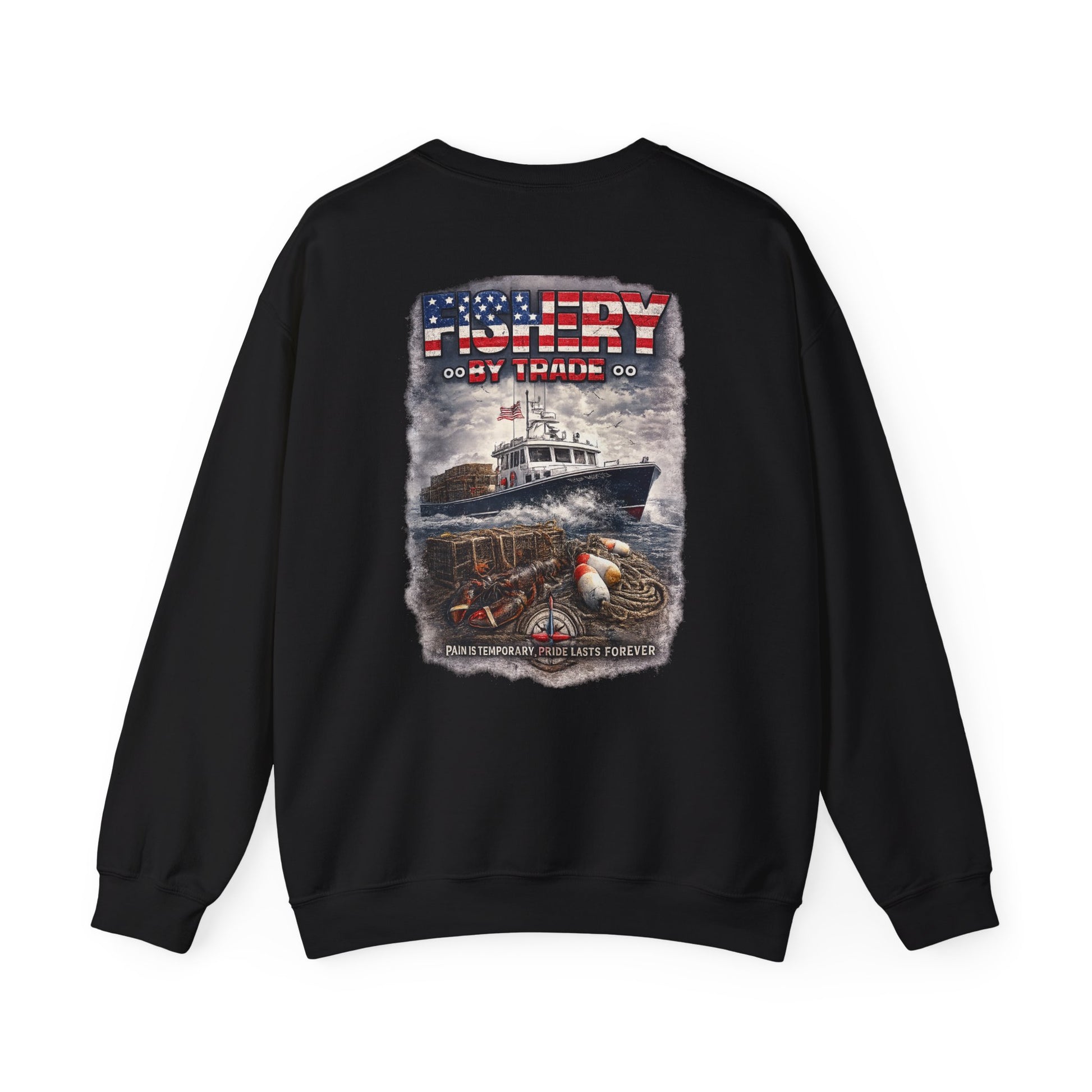 Fishing Crewneck Sweatshirt — "Fishery By Trade" American Flag Boat Graphic