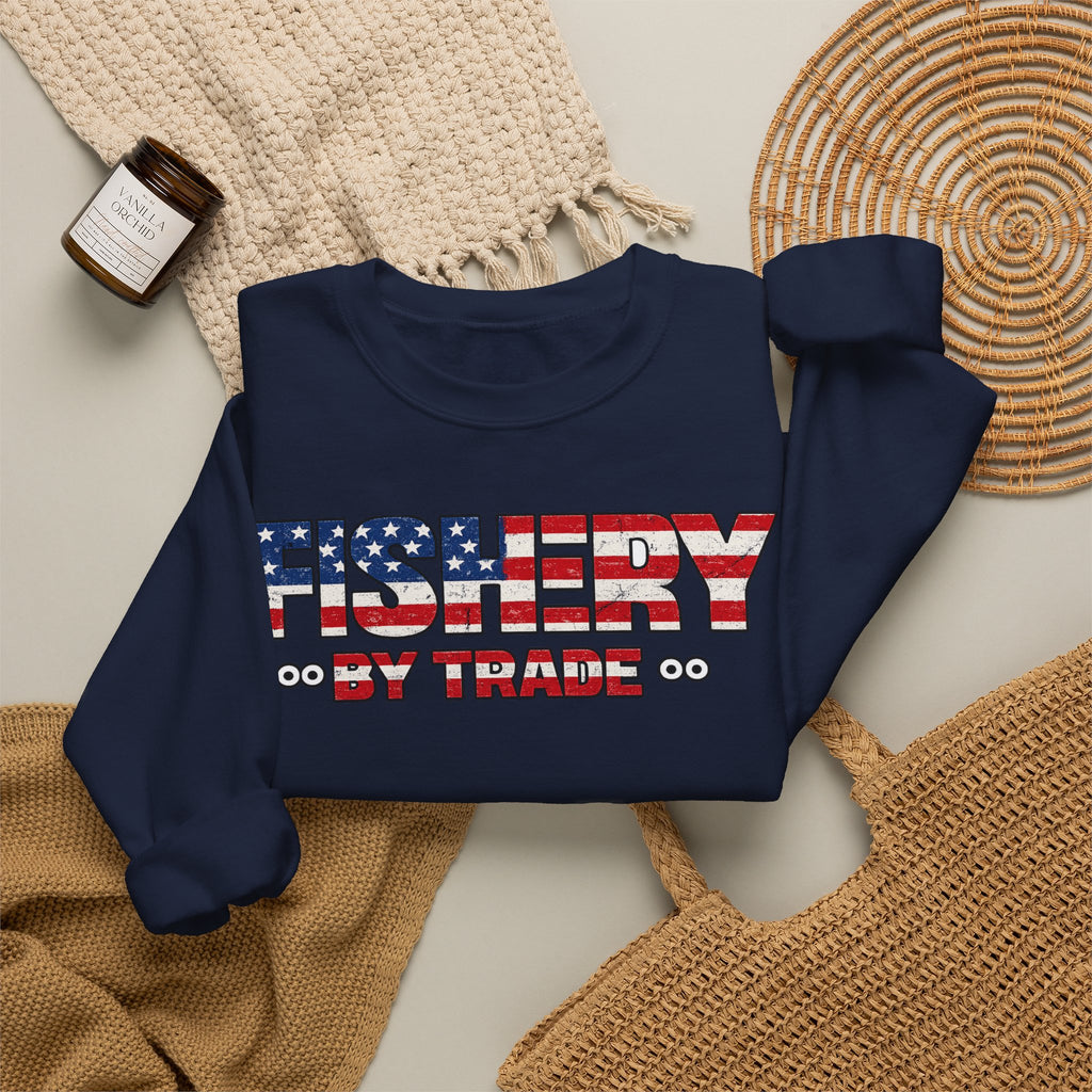 Fishing Crewneck Sweatshirt — "Fishery By Trade" American Flag Boat Graphic