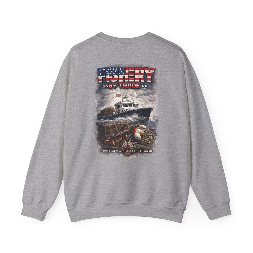 Fishing Crewneck Sweatshirt — "Fishery By Trade" American Flag Boat Graphic