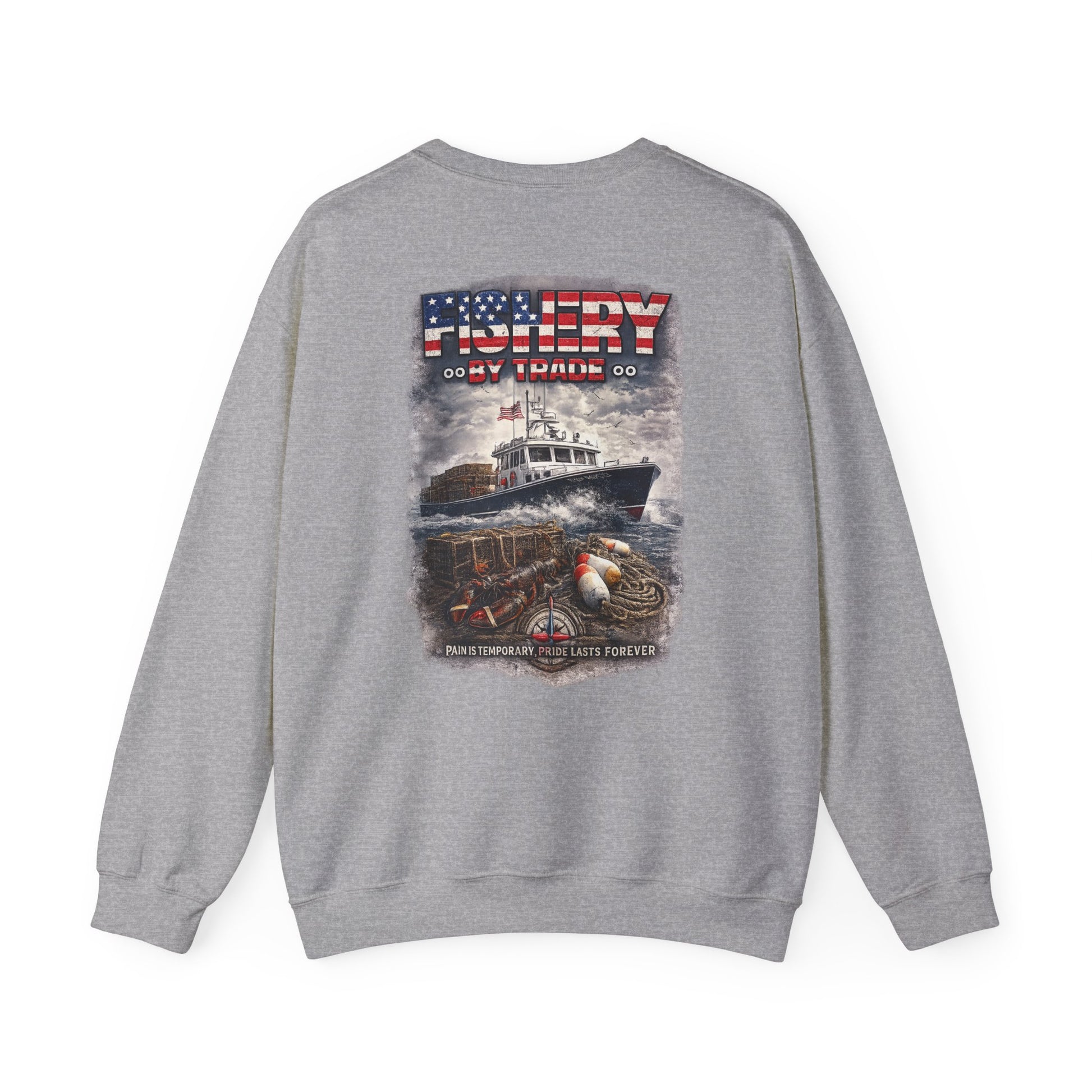 Fishing Crewneck Sweatshirt — "Fishery By Trade" American Flag Boat Graphic