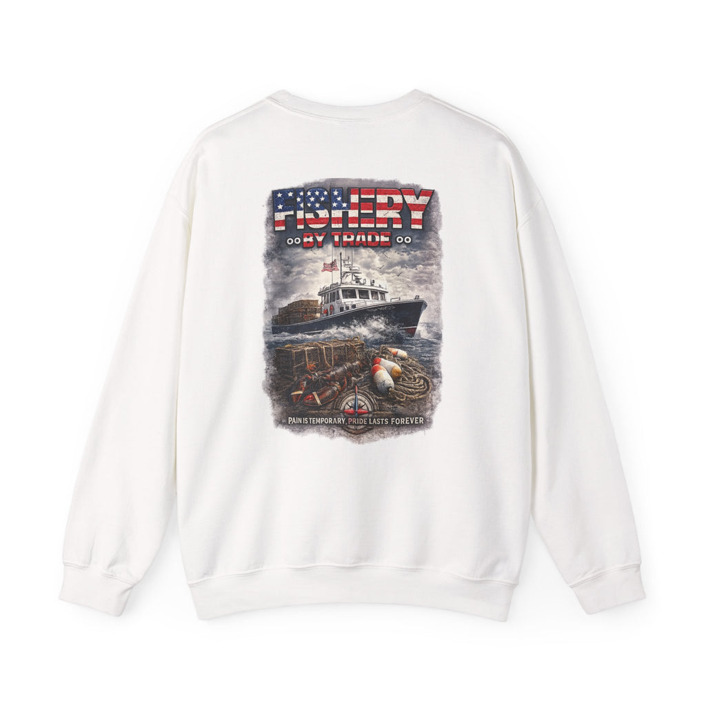 Fishing Crewneck Sweatshirt — "Fishery By Trade" American Flag Boat Graphic
