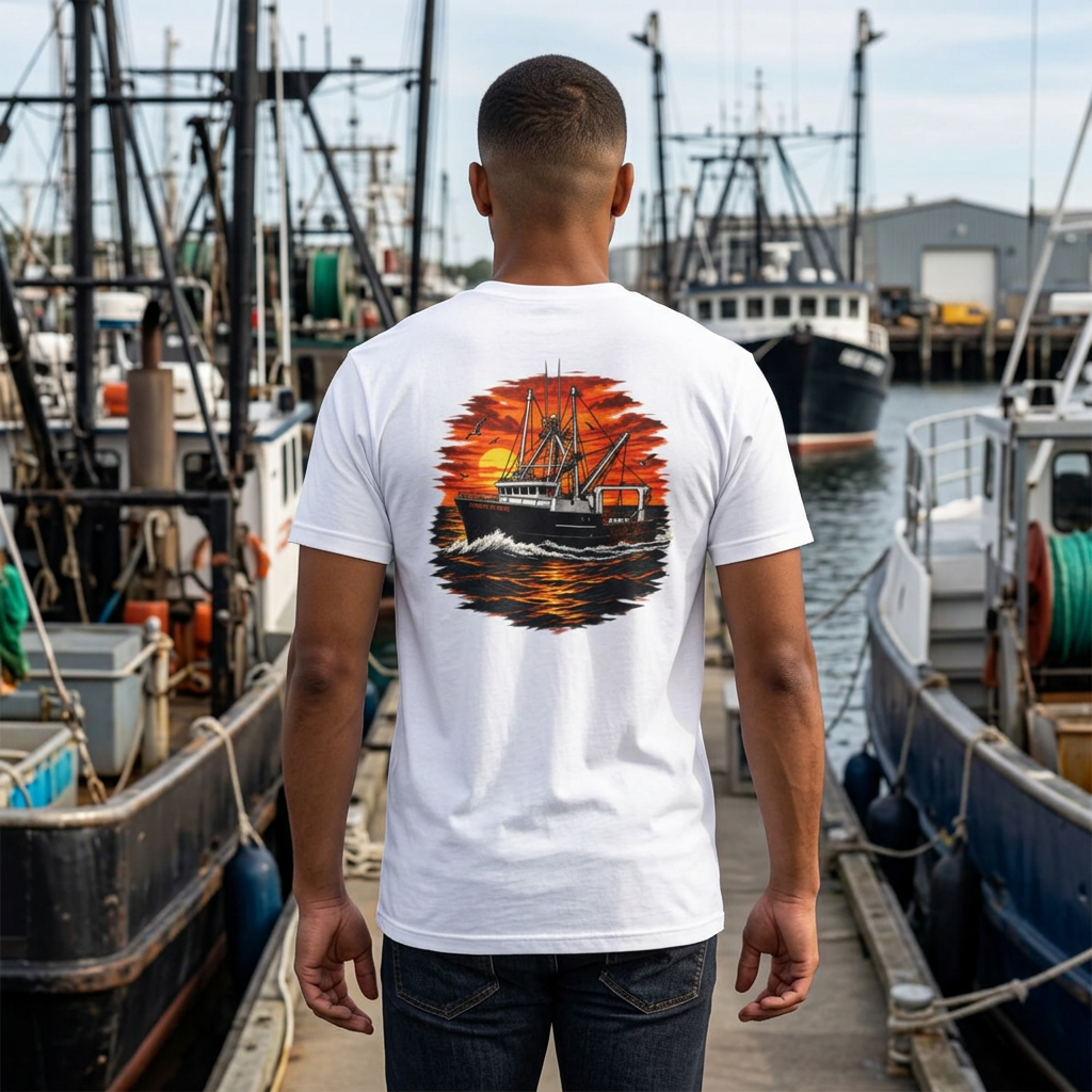 A man viewed from behind wearing a white t-shirt with a large circular graphic of a fishing boat against a fiery orange sunset on the back, standing on a dock between boats.