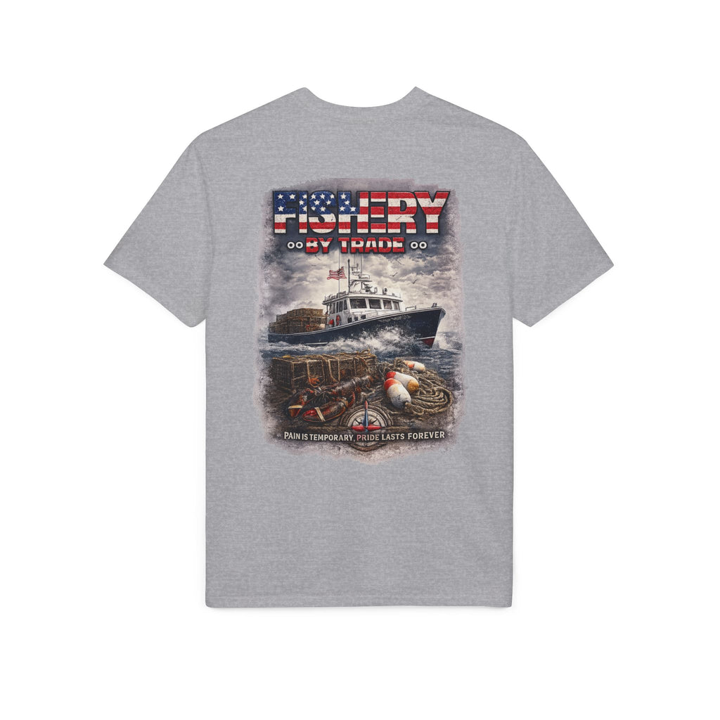 Fishing Boat T-Shirt — American Flag Fishery Graphic Tee for Anglers & Patriotic Outdoorsmen