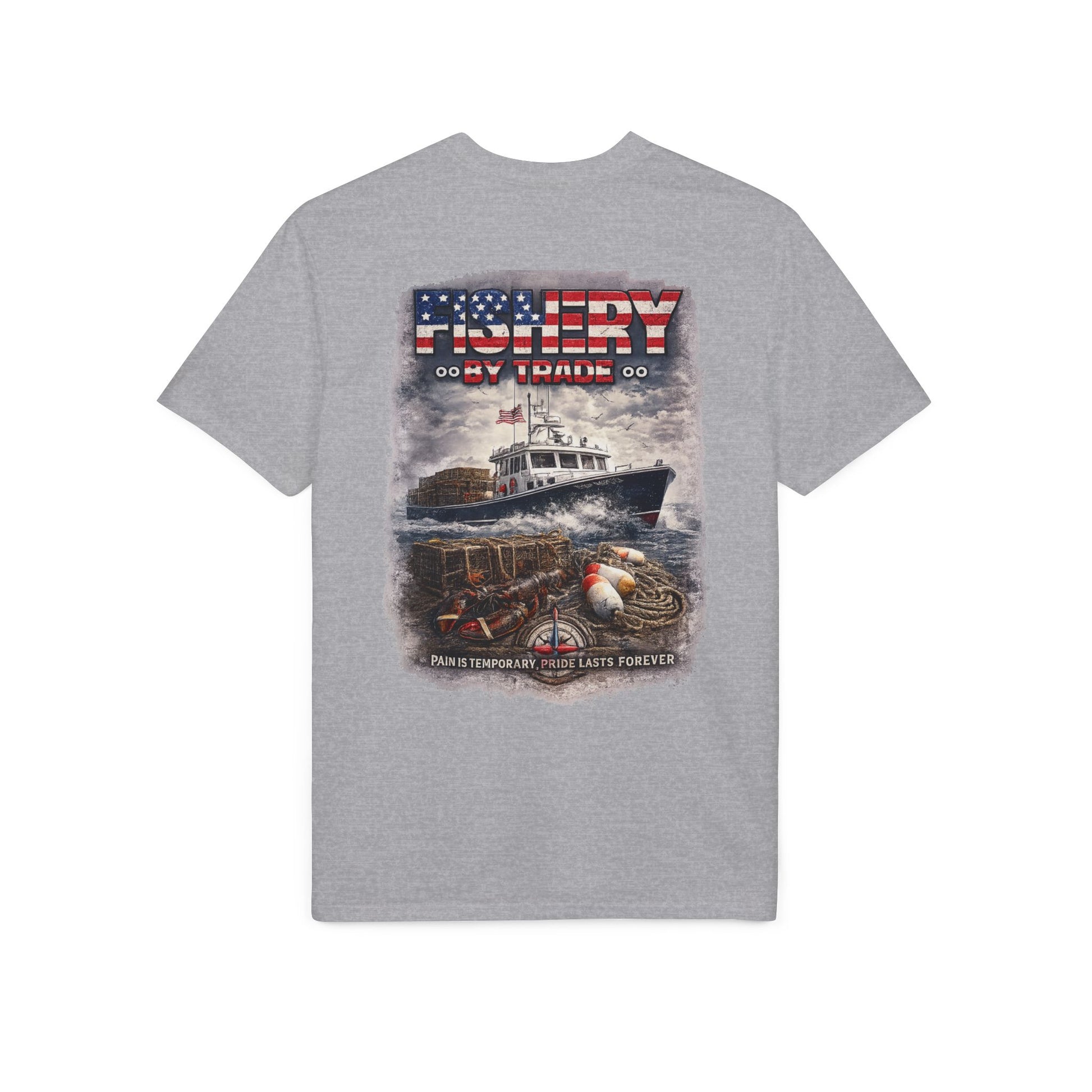 Fishing Boat T-Shirt — American Flag Fishery Graphic Tee for Anglers & Patriotic Outdoorsmen