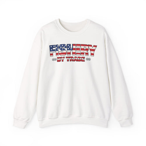 Fishing Crewneck Sweatshirt — "Fishery By Trade" American Flag Boat Graphic