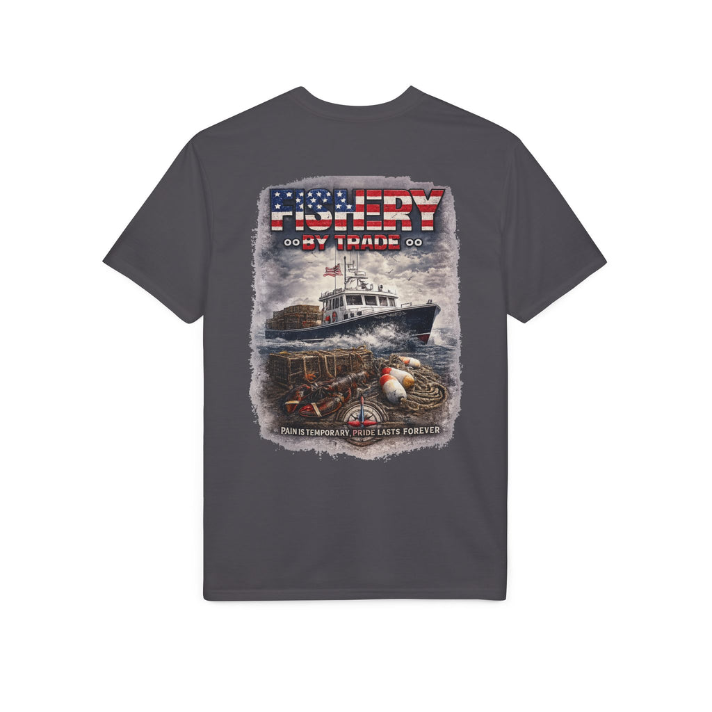 Fishing Boat T-Shirt — American Flag Fishery Graphic Tee for Anglers & Patriotic Outdoorsmen