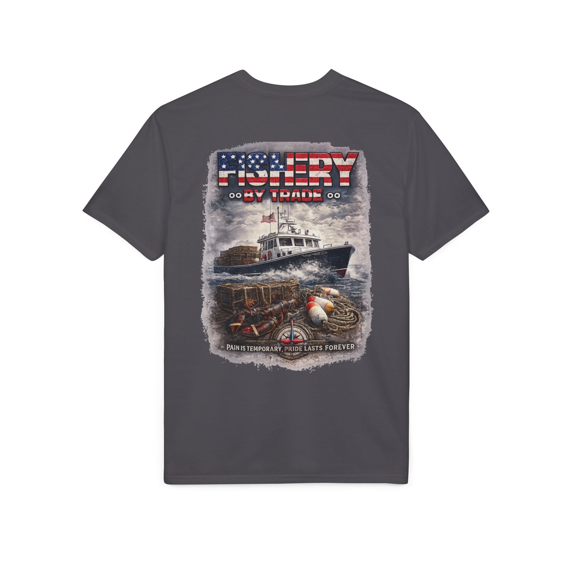 Fishing Boat T-Shirt — American Flag Fishery Graphic Tee for Anglers & Patriotic Outdoorsmen