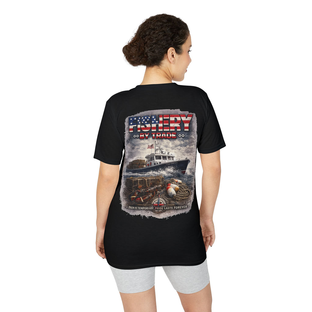 Fishing Boat T-Shirt — American Flag Fishery Graphic Tee for Anglers & Patriotic Outdoorsmen