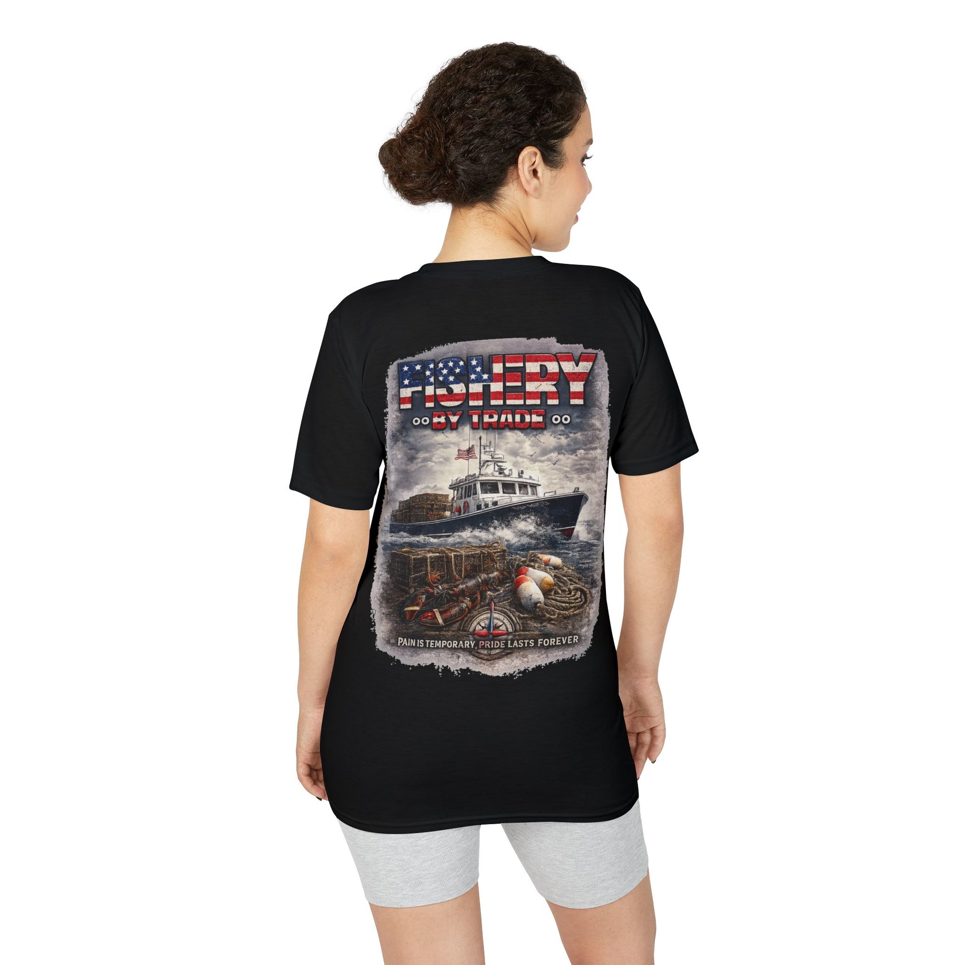 Fishing Boat T-Shirt — American Flag Fishery Graphic Tee for Anglers & Patriotic Outdoorsmen