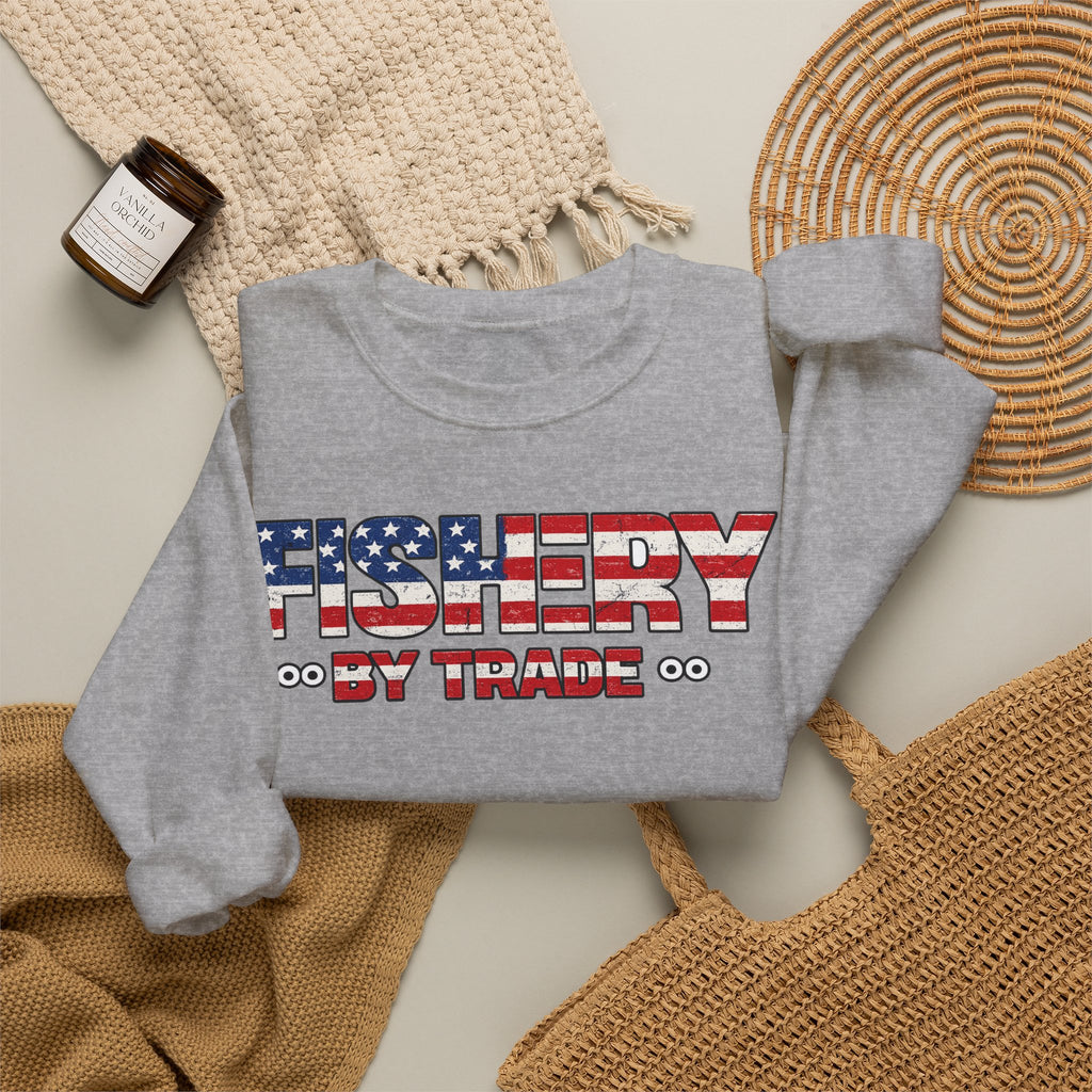 Fishing Crewneck Sweatshirt — "Fishery By Trade" American Flag Boat Graphic