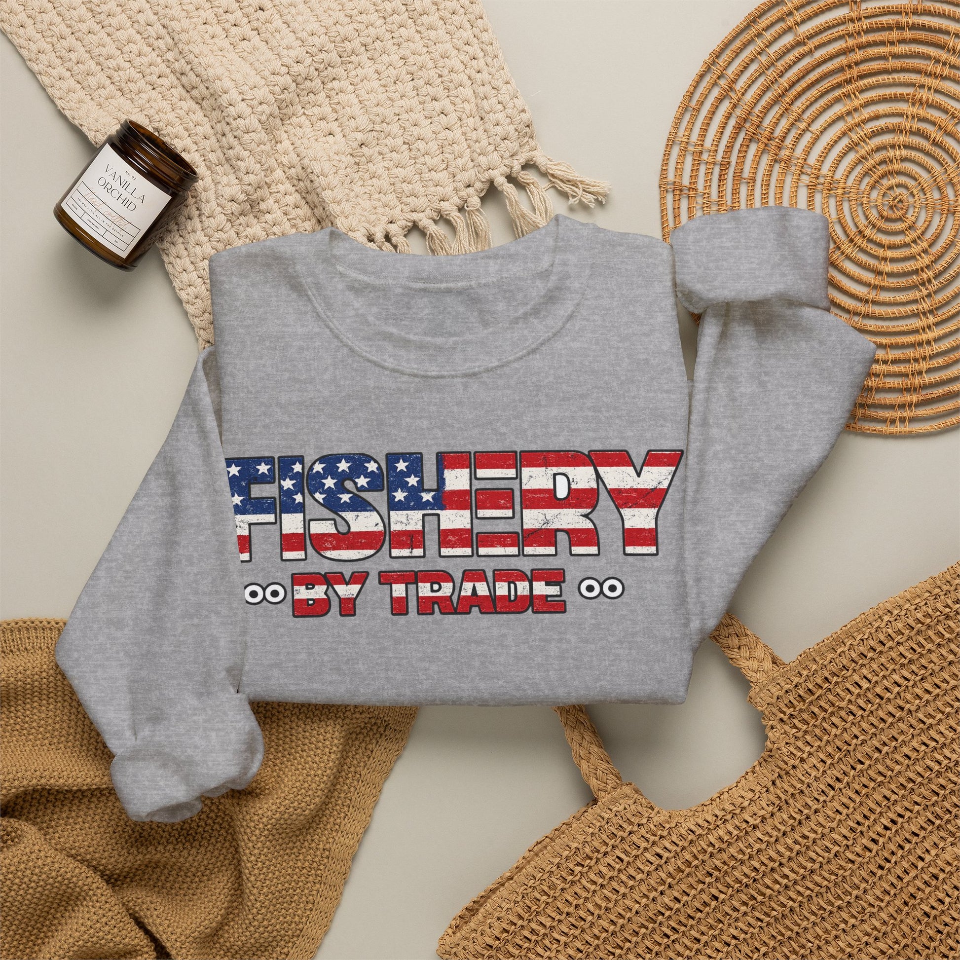 Fishing Crewneck Sweatshirt — "Fishery By Trade" American Flag Boat Graphic