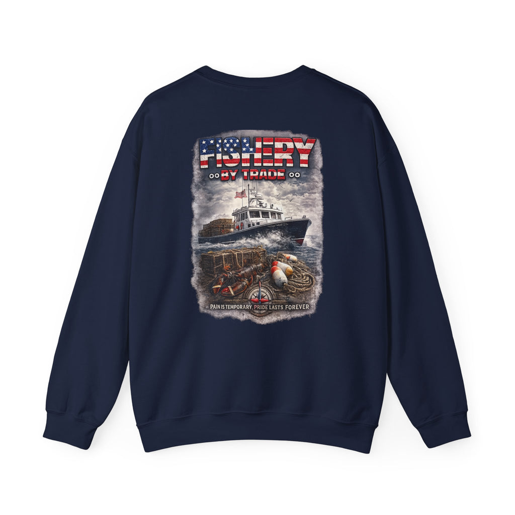 Fishing Crewneck Sweatshirt — "Fishery By Trade" American Flag Boat Graphic