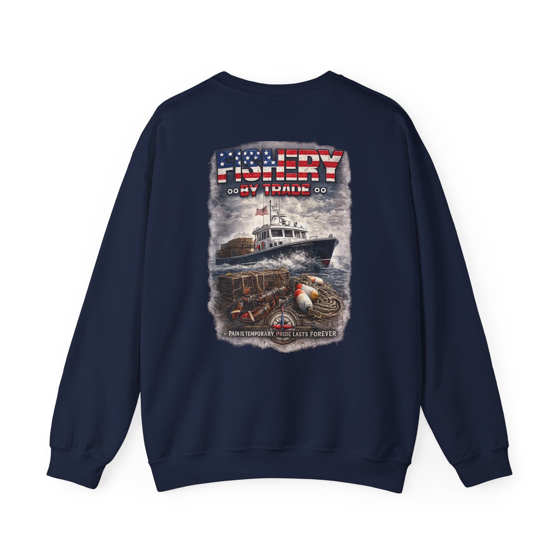 Fishing Crewneck Sweatshirt — "Fishery By Trade" American Flag Boat Graphic