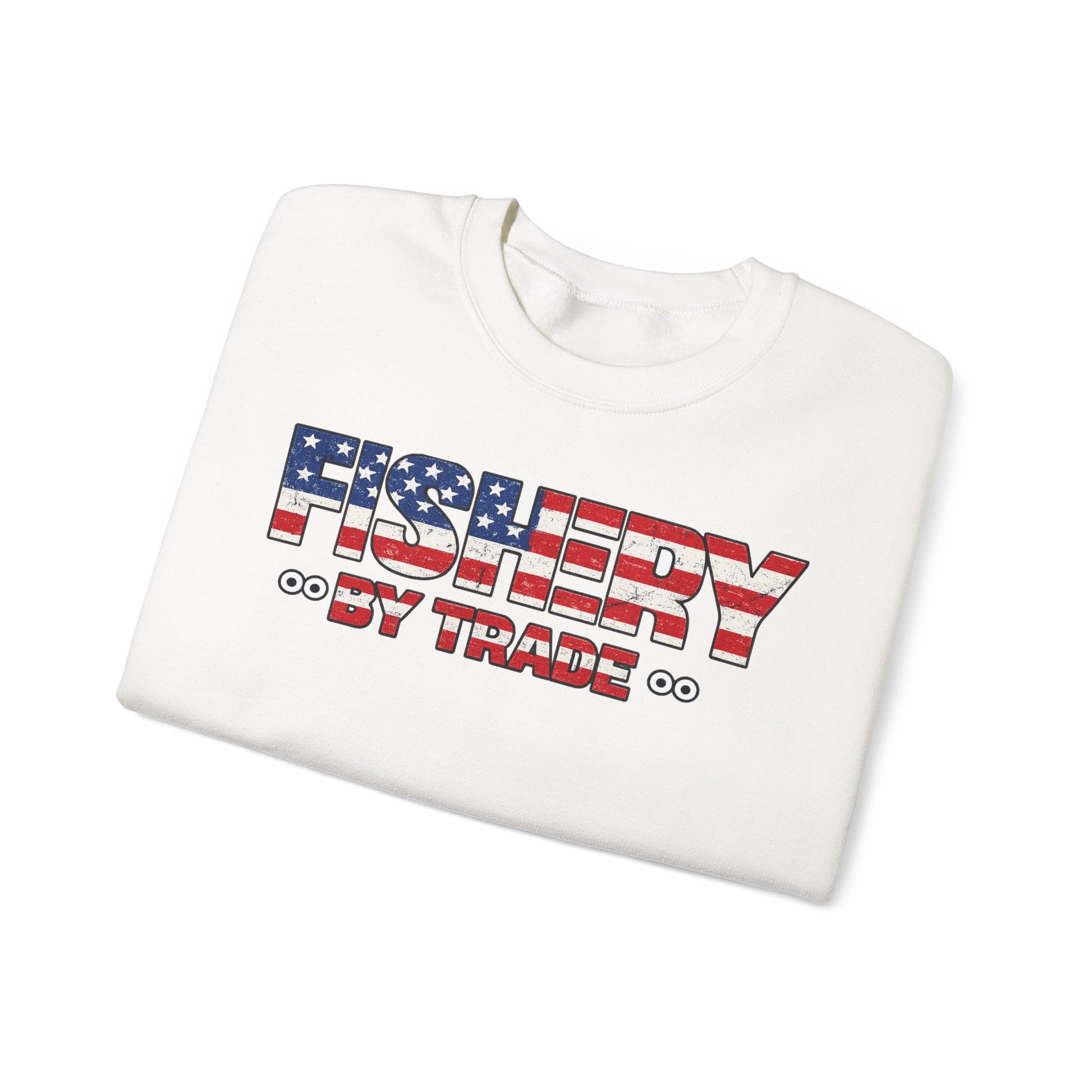 Fishing Crewneck Sweatshirt — "Fishery By Trade" American Flag Boat Graphic