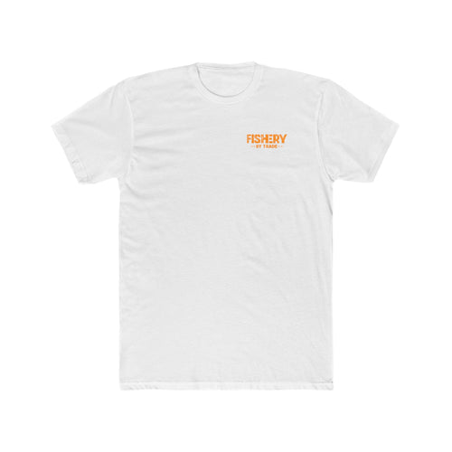 A white short-sleeve crewneck t-shirt with a small orange graphic on the left chest reading 'FISHERY + MORE'. The shirt is displayed flat against a solid white background.
