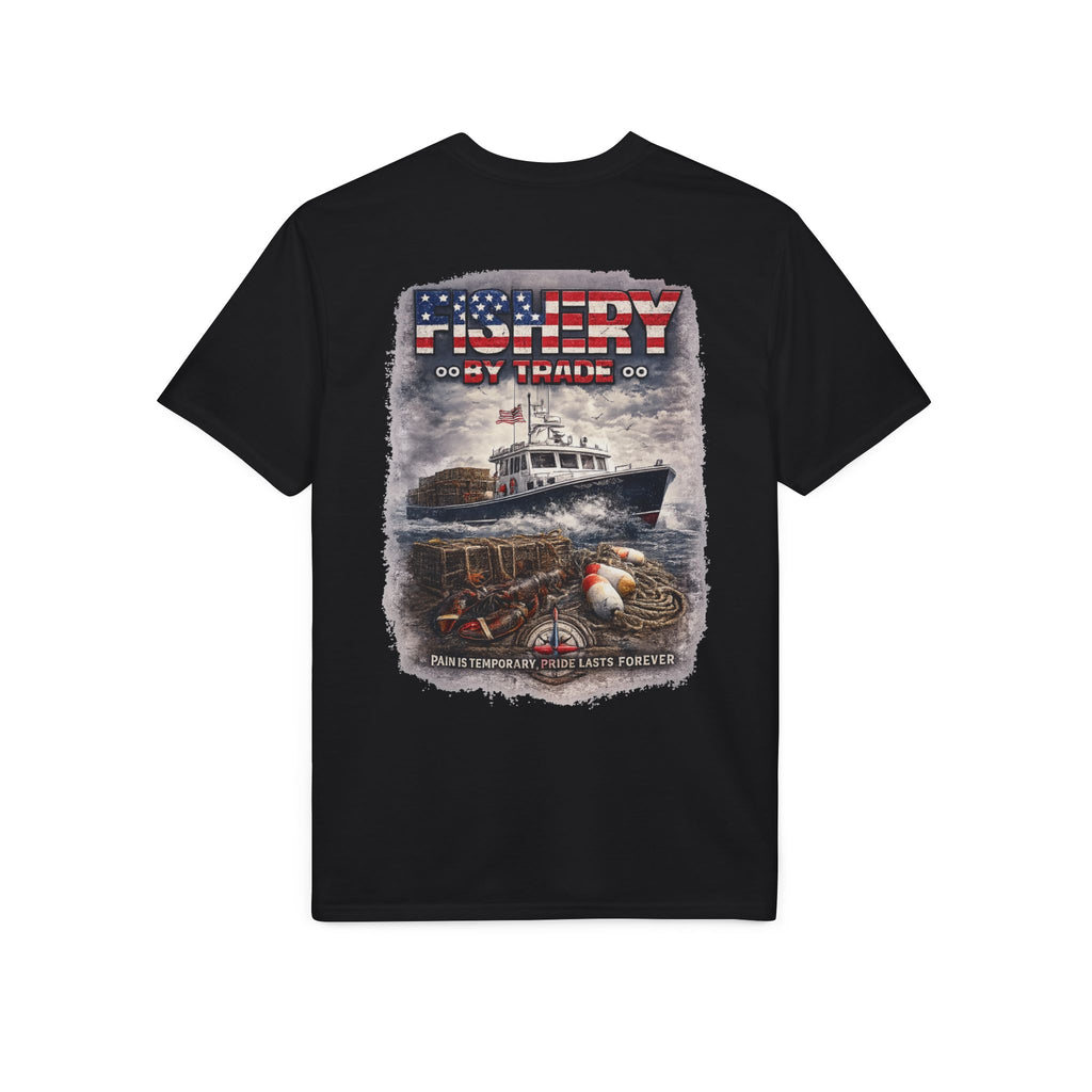 Fishing Boat T-Shirt — American Flag Fishery Graphic Tee for Anglers & Patriotic Outdoorsmen
