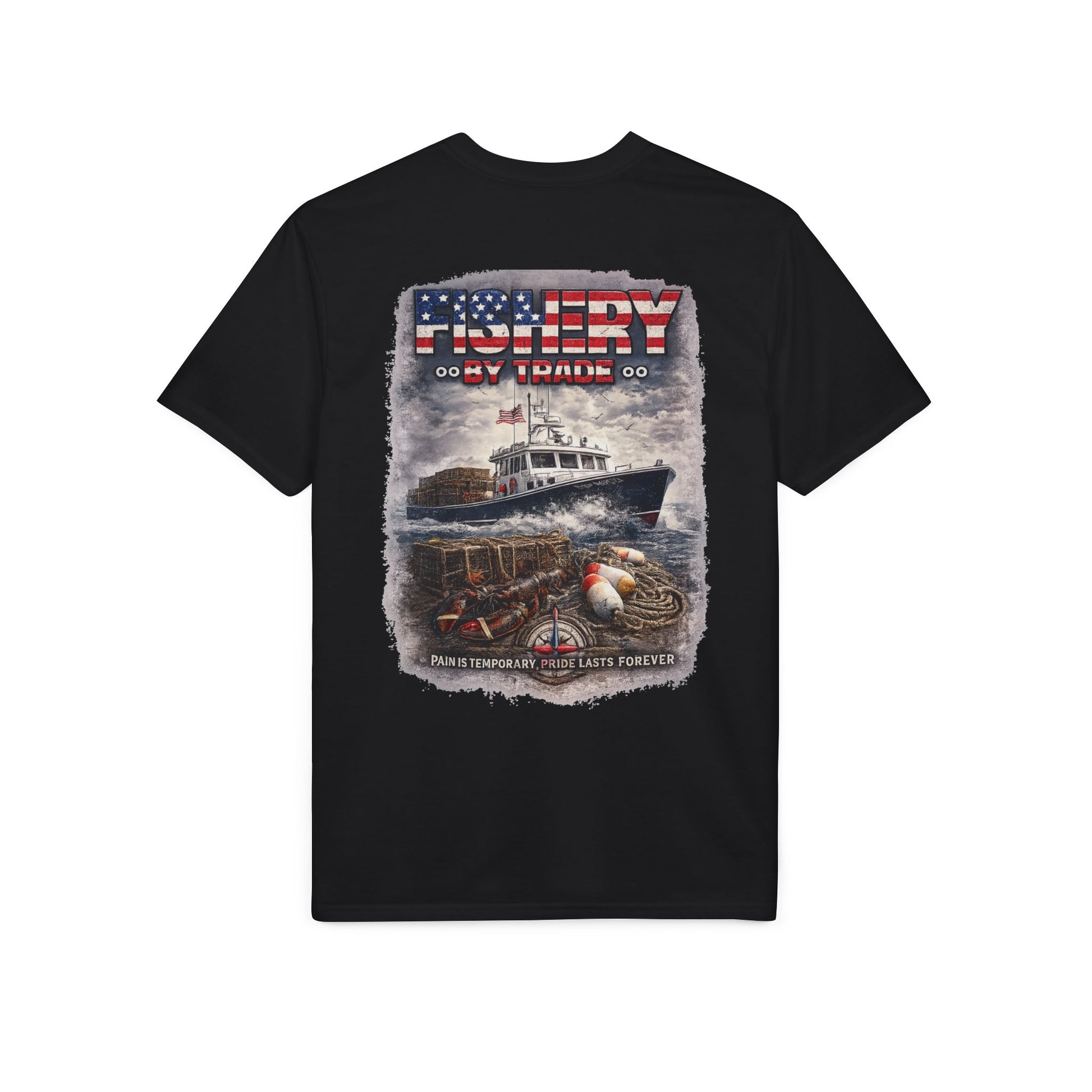 Fishing Boat T-Shirt — American Flag Fishery Graphic Tee for Anglers & Patriotic Outdoorsmen