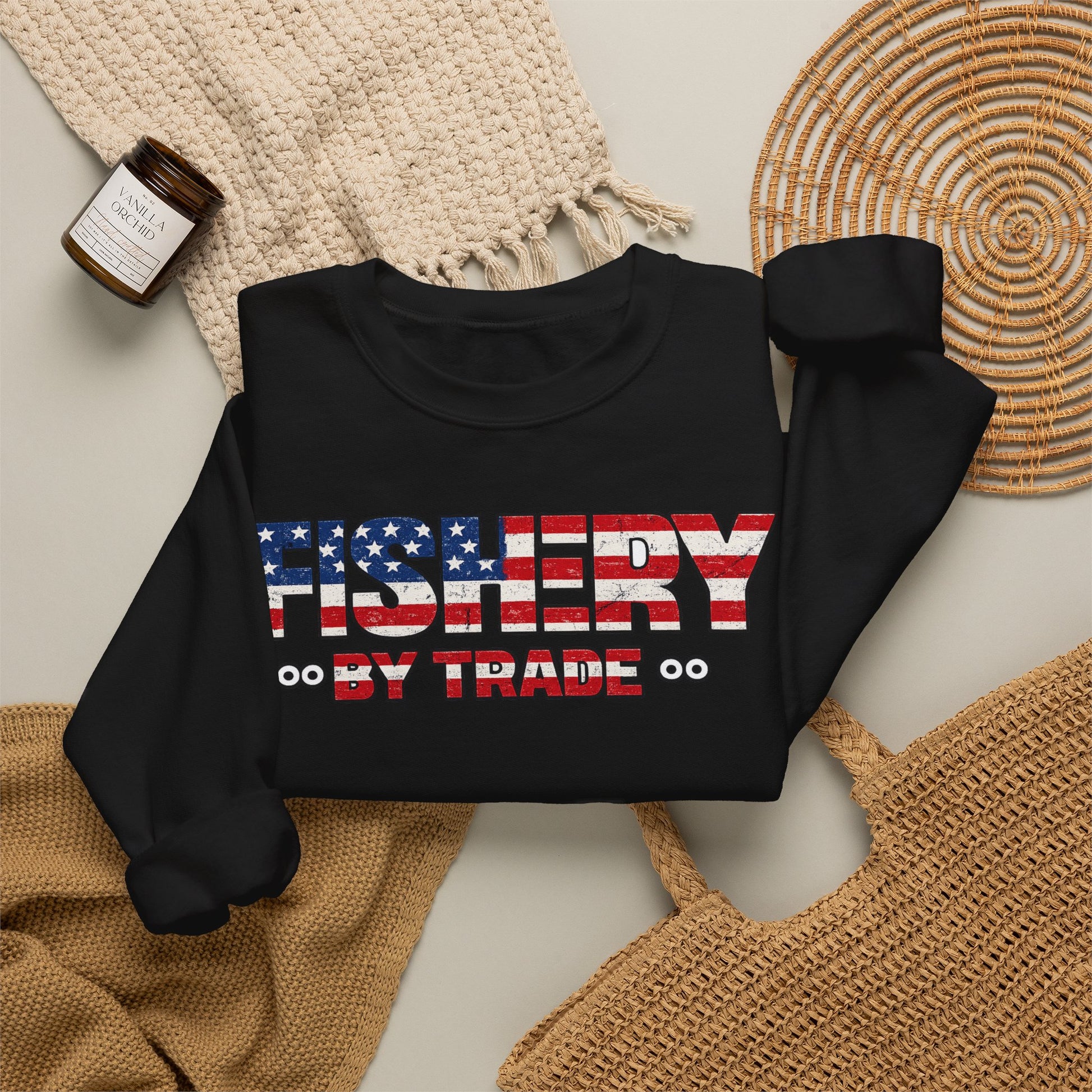 Fishing Crewneck Sweatshirt — "Fishery By Trade" American Flag Boat Graphic